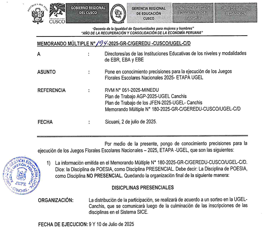 Pone en conocimiento precisiones para la ejecución de los Juegos Florales Escolares Nacionales 2025- ETAPA UGEL