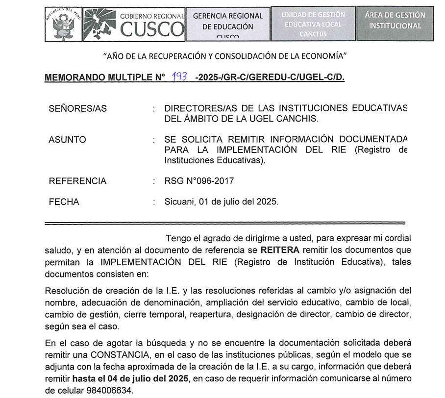 SE SOLICITA REMITIR INFORMACIÓN DOCUMENTADA PARA LA IMPLEMENTACIÓN DEL RIE (Registro de Instituciones Educativas).