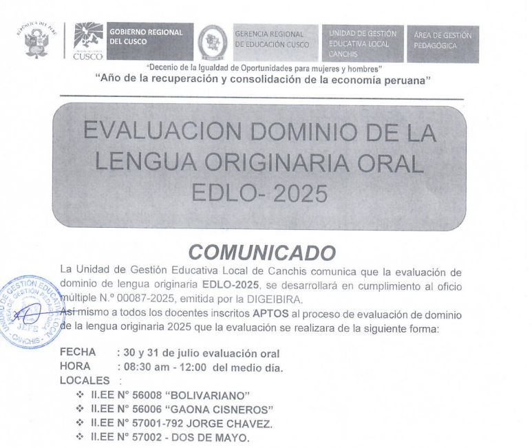 Comunicado - EVALUACION DOMINIO DE LA LENGUA ORIGINARIA ORAL EDLO- 2025