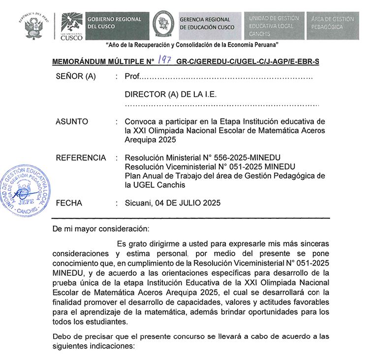 Convoca a participar en la Etapa Institución educativa de la XXI Olimpiada Nacional Escolar de Matemática Aceros Arequipa 2025