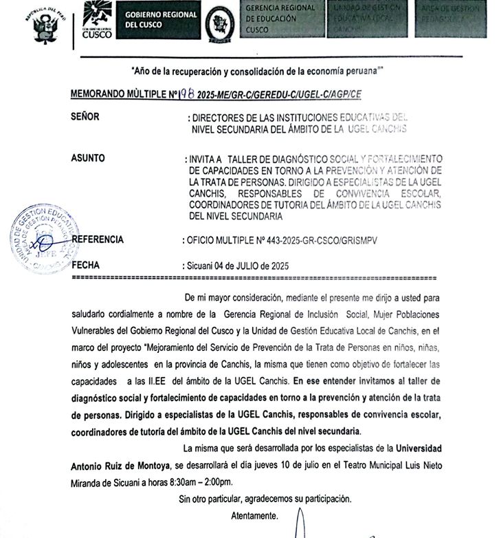 Invita a taller de diagnóstico social y fortalecimiento de capacidades en torno a la prevención de la trata de personas. dirigido a especialistas de la UGEL CANCHIS, responsables de convivencia escolar, coordinadores de tutoría del ámbito de la UGEL CANCH