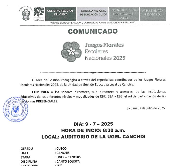 Comunicado - Juegos Florales Escolares Nacionales 2025