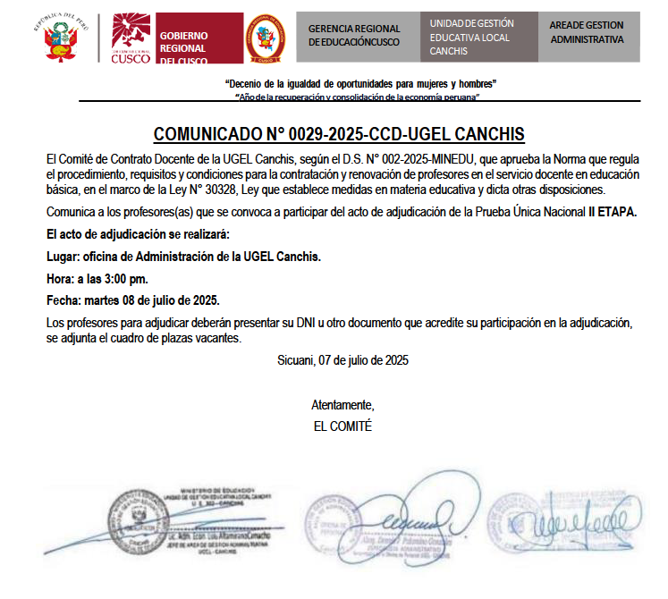 COMUNICADO N° 0029-2025-CCD-UGEL CANCHIS. Contrato Docente de la UGEL Canchis