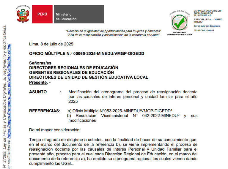 Modificación del cronograma del proceso de reasignación docente por las causales de interés personal y unidad familiar para el año 2025
