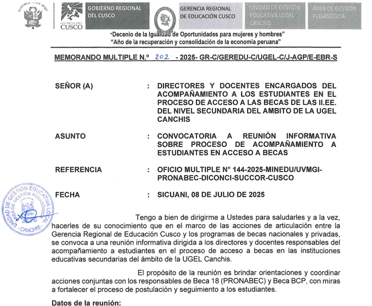 Convocatoria a reunión informativa sobre proceso de acompañamiento a estudiantes en acceso a becas