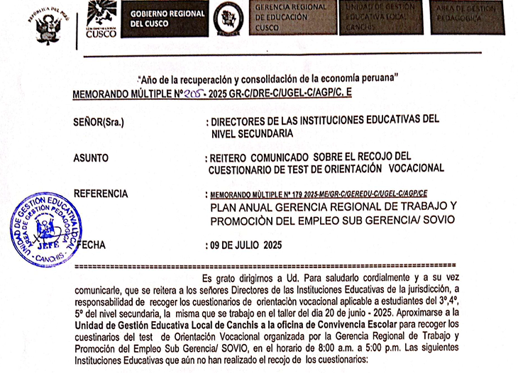 REITERO COMUNICADO SOBRE EL RECOJO DEL CUESTIONARIO DE TEST DE ORIENTACIÓN VOCACIONAL
