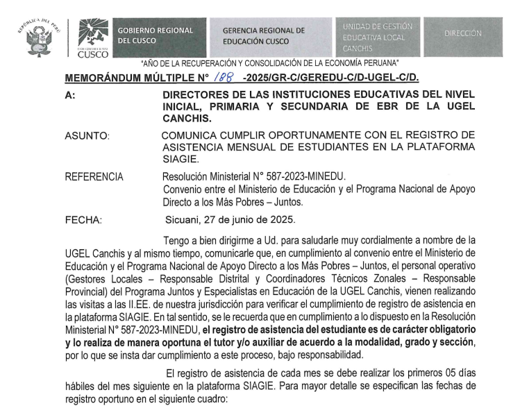 Comunica cumplir oportunamente con el registro de asistencia mensual de estudiantes en la plataforma SIAGIE.