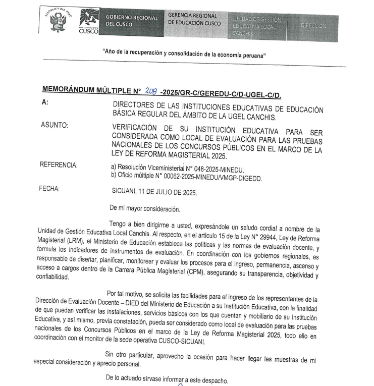 Verificación de su institución educativa para ser considerada como local de evaluación para las pruebas nacionales de los concursos públicos en el marco de la ley de reforma magisterial 2025.