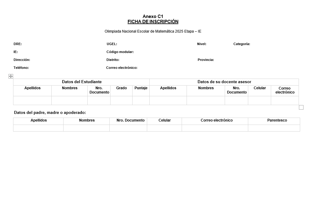 Anexo C1 FICHA DE INSCRIPCIÓN Olimpiada Nacional Escolar de Matemática 2025 Etapa – IE