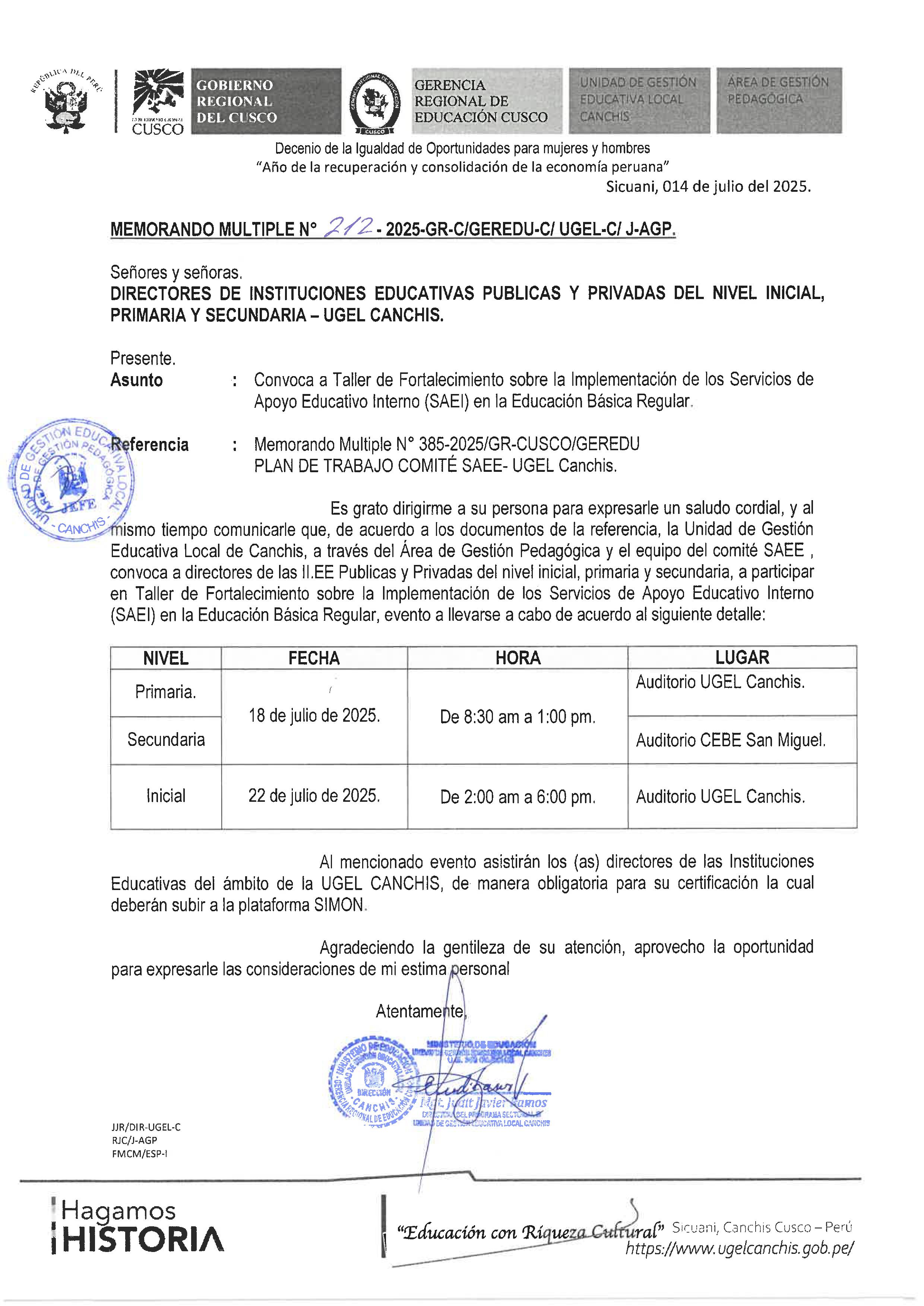 Convoca a Taller de Fortalecimiento sobre la Implementación de los Servicios de Apoyo Educativo Interno (SAEI) en la Educación Básica Regular.