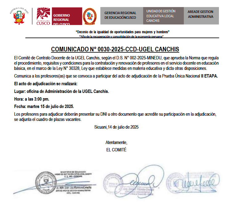 COMUNICADO N° 0030-2025-CCD-UGEL CANCHIS - Contrato Docente de la UGEL Canchis