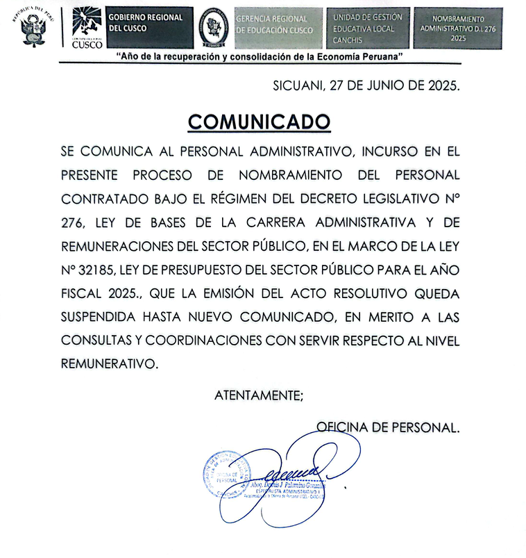 COMUNICA AL PERSONAL ADMINISTRATIVO, INCURSO EN EL PRESENTE PROCESO DE NOMBRAMIENTO DEL PERSONAL CONTRATADO BAJO EL RÉGIMEN DEL DECRETO LEGISLATIVO N° 276