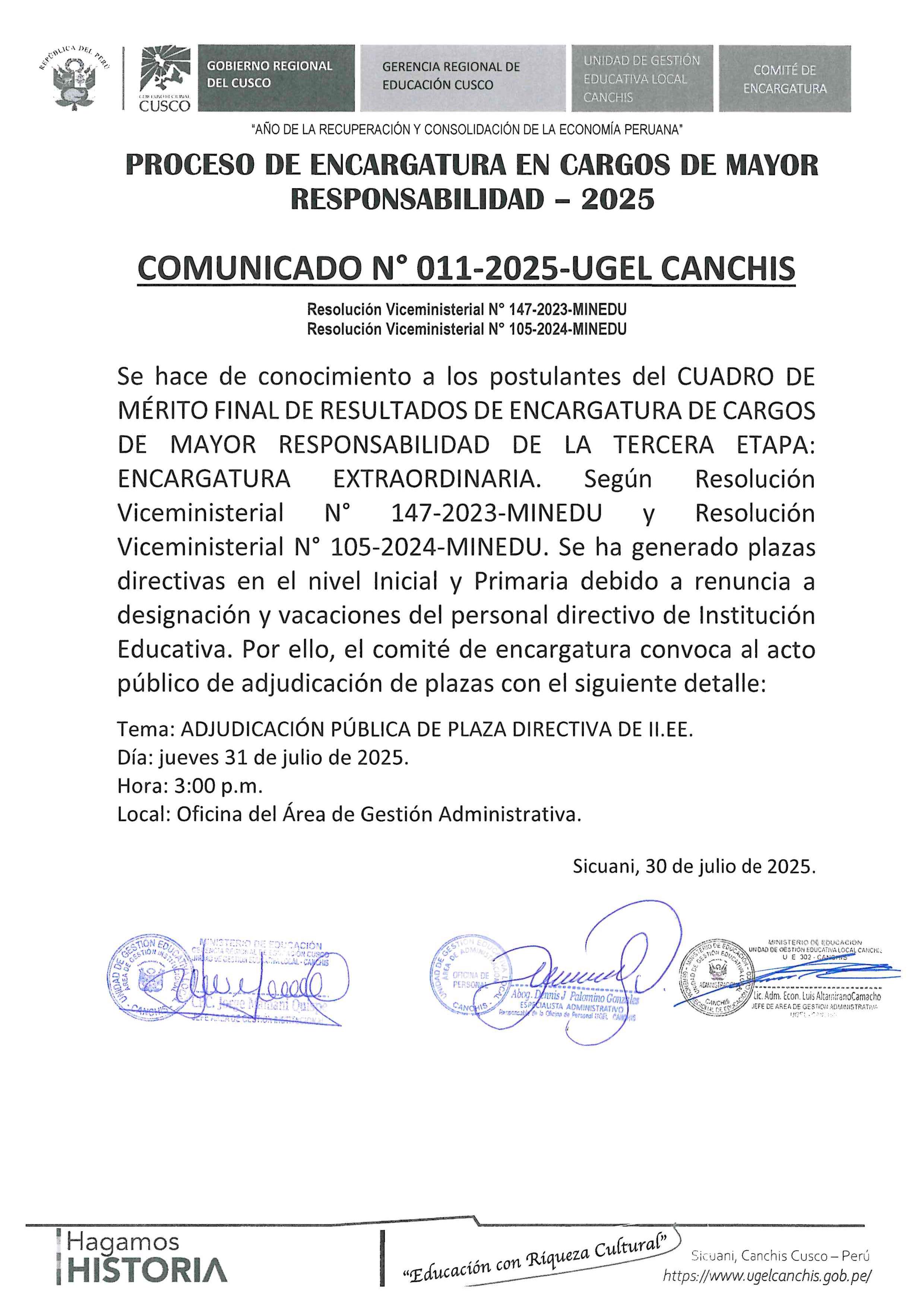 Comunicado N° 011- PROCESO DE ENCARGATURA EN CARGOS DE MAYOR RESPONSABILIDAD - 2025