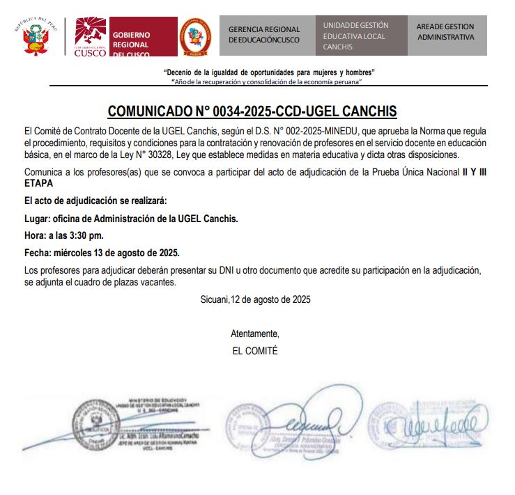 COMUNICADO N° 0034-2025-CCD-UGEL CANCHIS -Contrato Docente de la UGEL Canchis