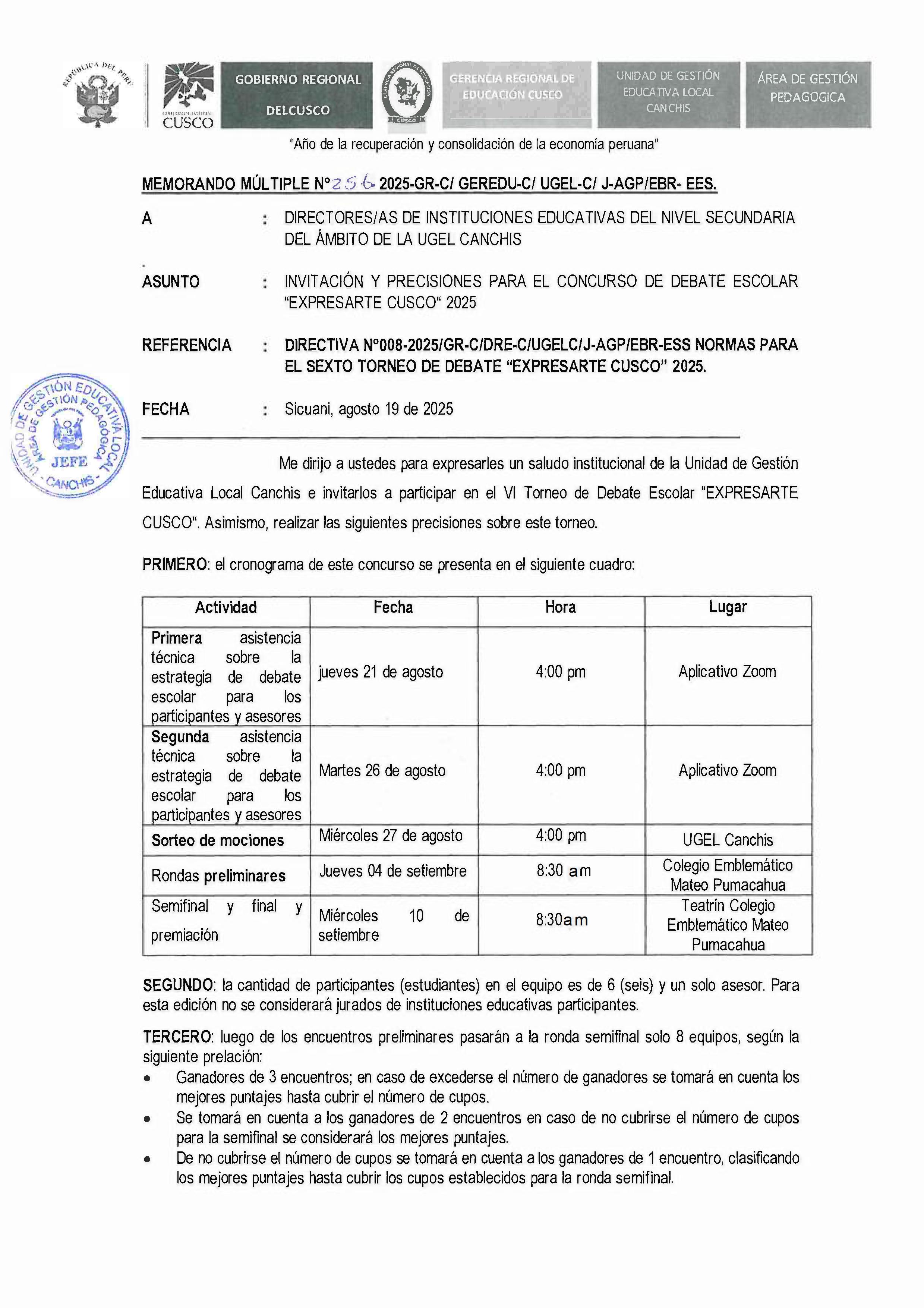 MEMORANDO MULTIPLE N° 256 - 2025 - invitación y precisiones para el concurso de debate ESCOLAR &quot;EXPRESARTE CUSCO&quot; 2025