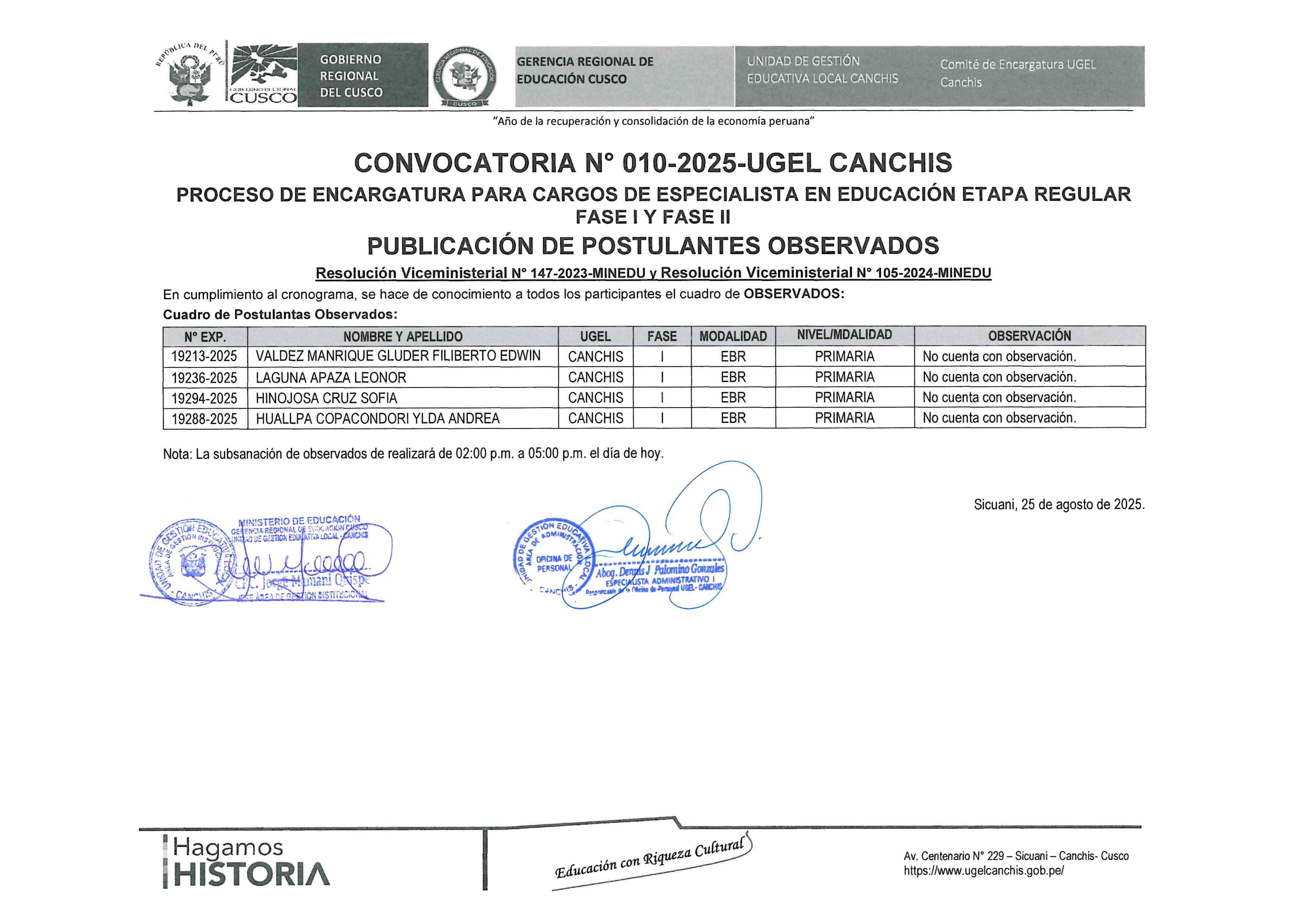 Convocatoria N° 010-2025-UGEL CANCHIS PROCESO DE ENCARGATURA PARA CARGOS DE ESPECIALISTA EN EDUCACIÓN ETAPA REGULAR FASE I Y FASE II