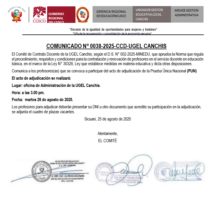 COMUNICADO N° 0038-2025-CCD-UGEL CANCHIS Contrato Docente de la UGEL Canchis