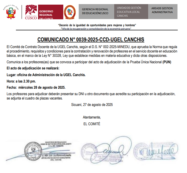 COMUNICADO N° 0039-2025-CCD-UGEL CANCHIS Contrato Docente de la UGEL Canchis
