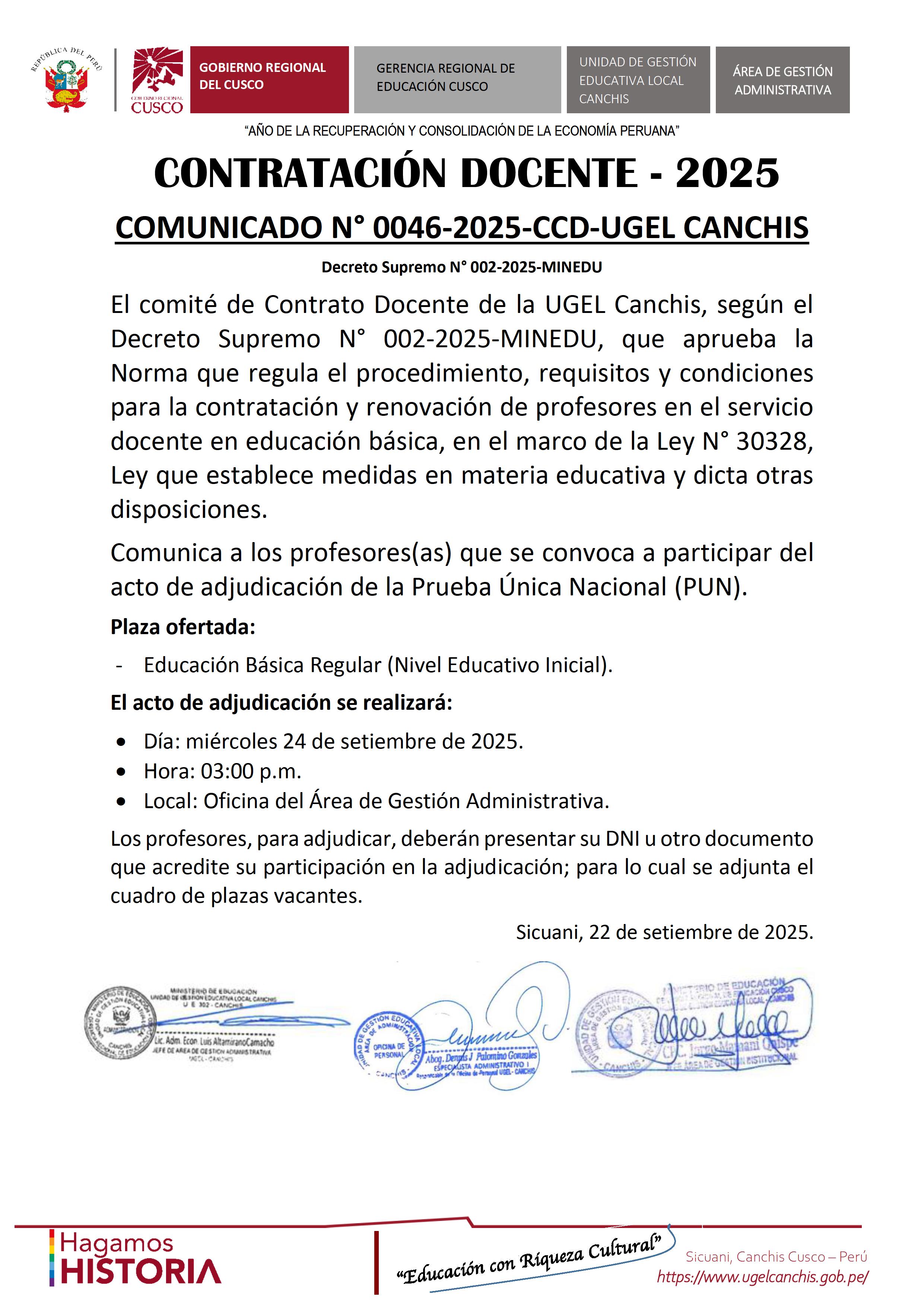 CONTRATACIÓN DOCENTE - 2025 COMUNICADO N° 0046-2025-CCD-UGEL CANCHIS Decreto Supremo N° 002-2025-MINEDU