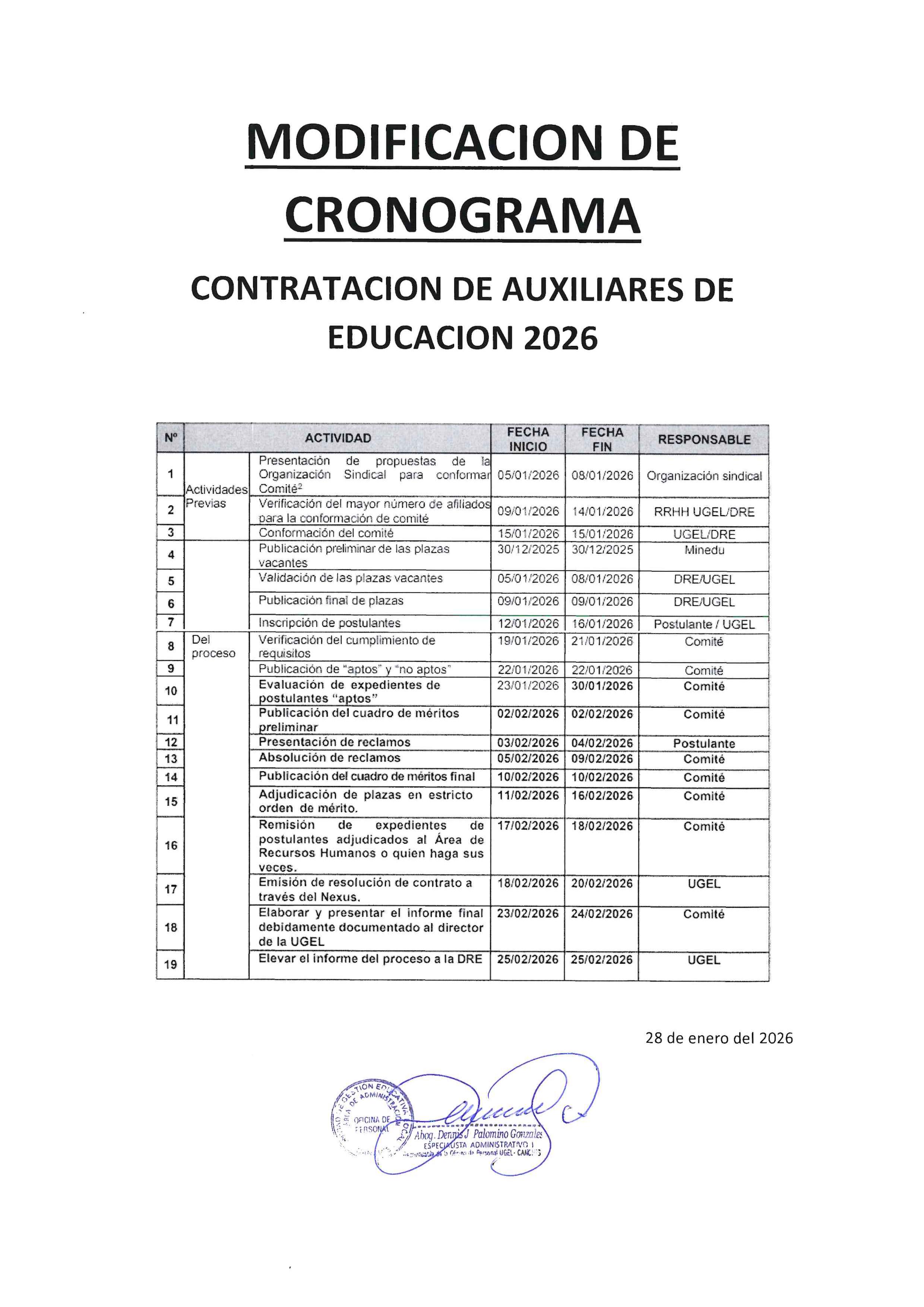 MODIFICACION DE CRONoGRAMA CONTRATACION DE AUXILIARES DE EDUCACION 2026