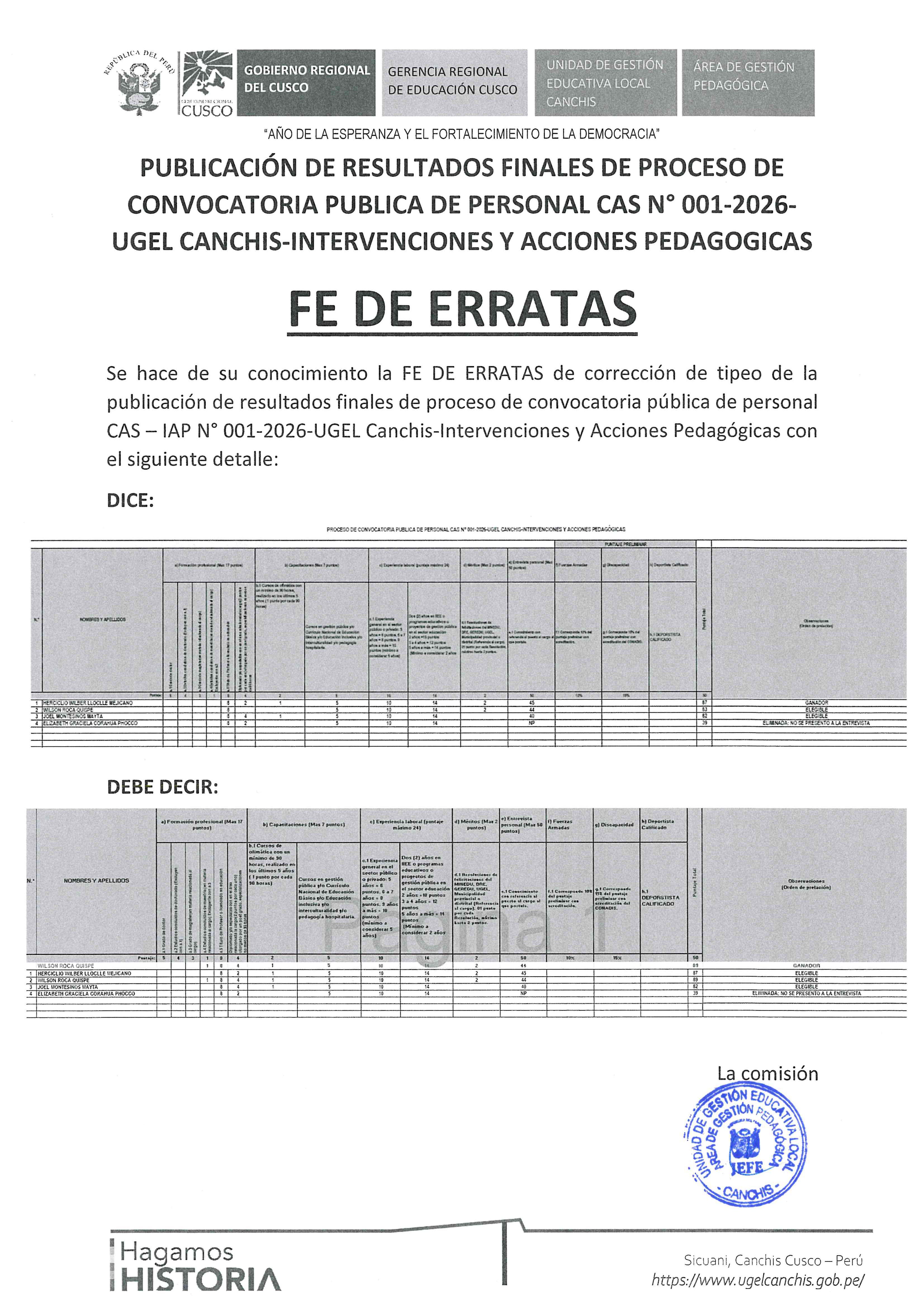 FE DE ERRATAS - CAS - IAP N° 001-2026-UGEL Canchis-lntervenciones y Acciones Pedagógicas