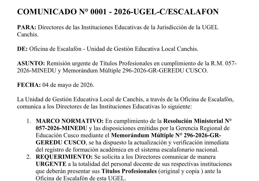 COMUNICADO N° 0001 - 2026-UGEL-C/ESCALAFON - Remisión urgente de Títulos Profesionales en cumplimiento de la R.M. 057- 2026-MINEDU y Memorándum Múltiple 296-2026-GR-GEREDU CUSCO.