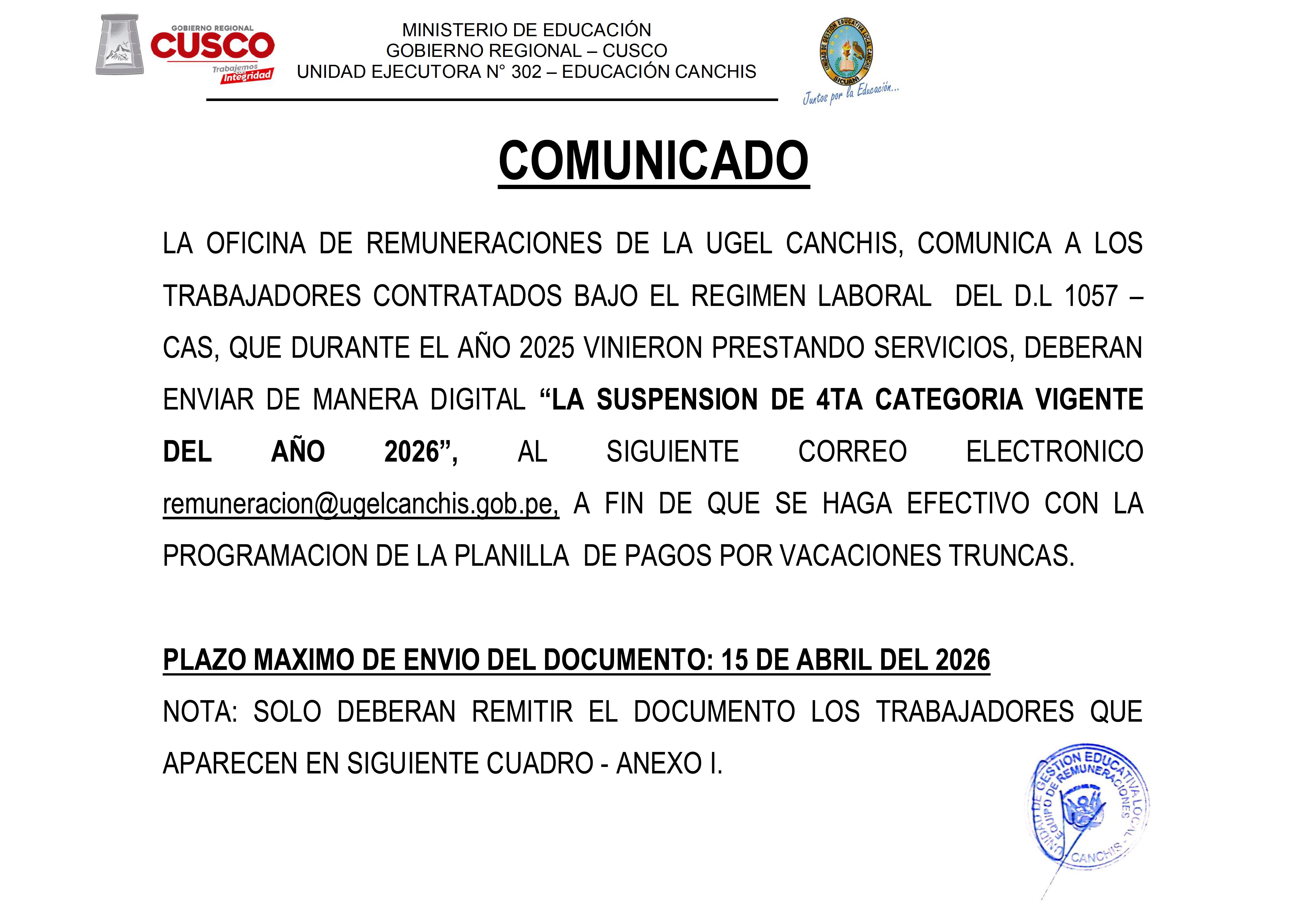 Comunicado - SUSPENSION DE 4TA CATEGORIA VIGENTE DEL AÑO 2026