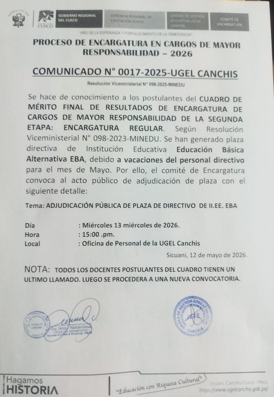 Comunicado N° 0017-2025-UGEL CANCHIS - PROCESO ENCARGATURA DE CARGOS DE MAYOR RESPONSABILIDAD - 2026