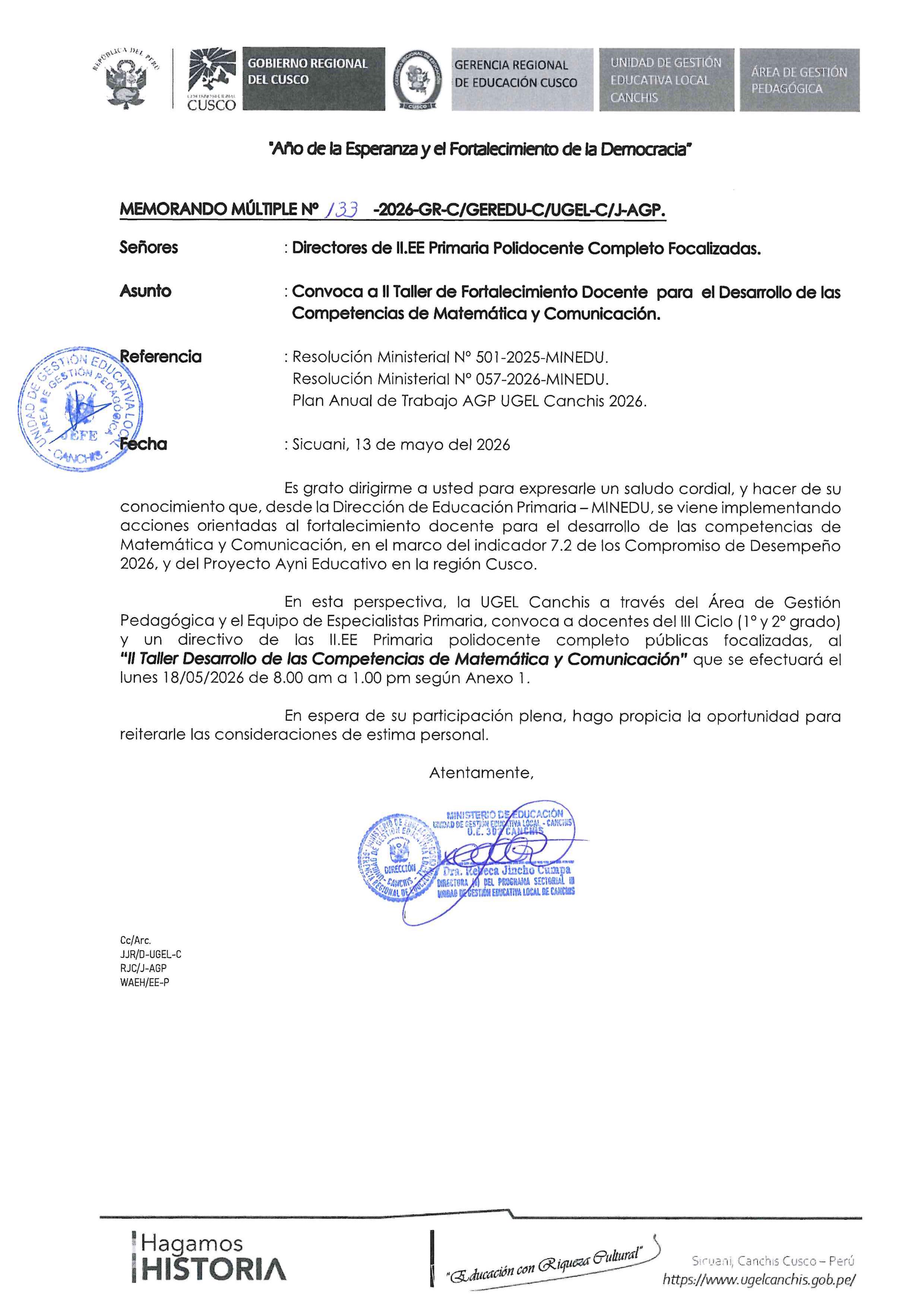 Convoca a II Taller de Fortalecimiento Docente para el Desarrollo de las Competencias de Matemática y Comunicación.