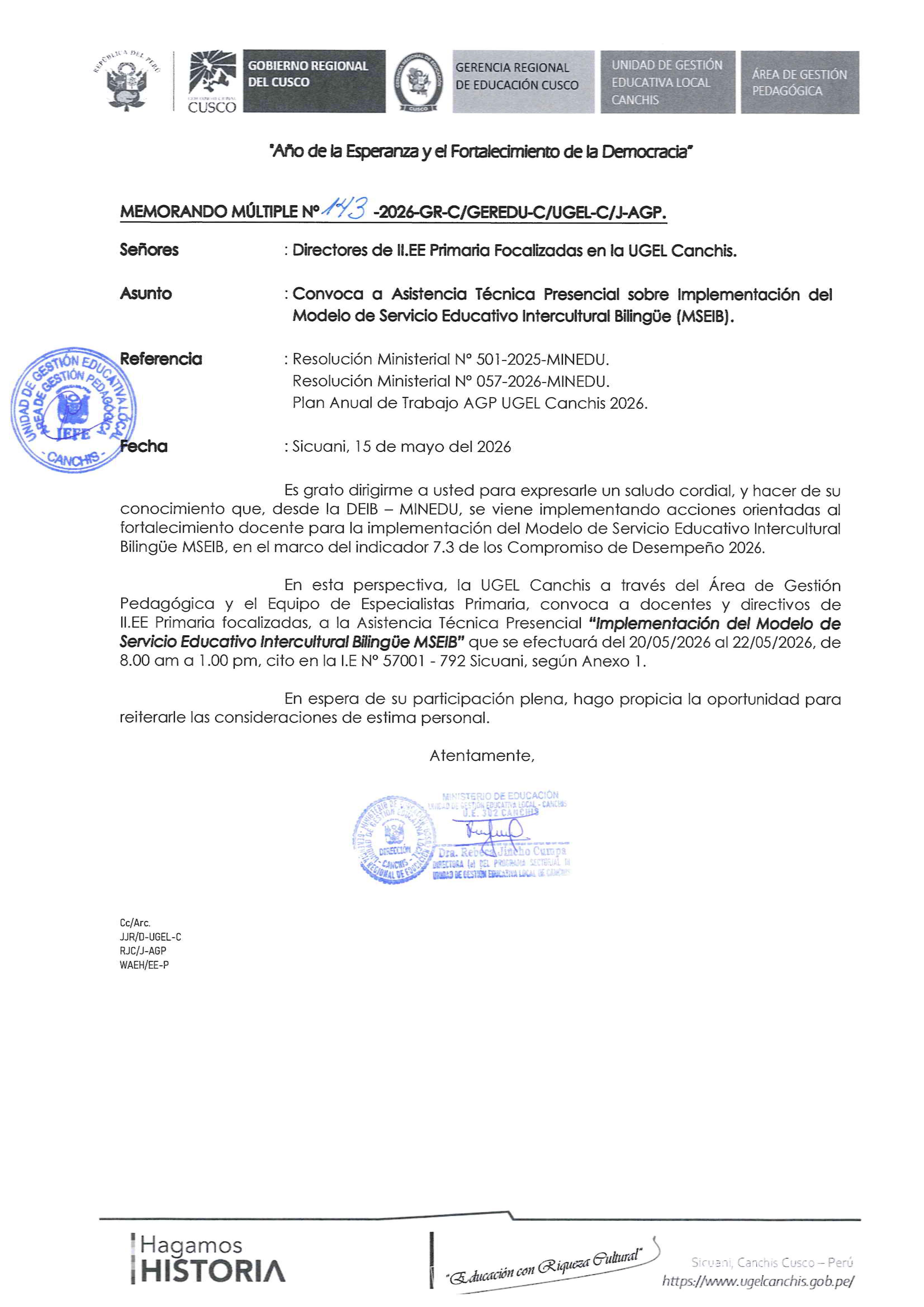 Convoca a Asistencia Técnica Presencial sobre Implementación del Modelo de Servicio Educativo Intercultural Bilingüe (MSEIB).