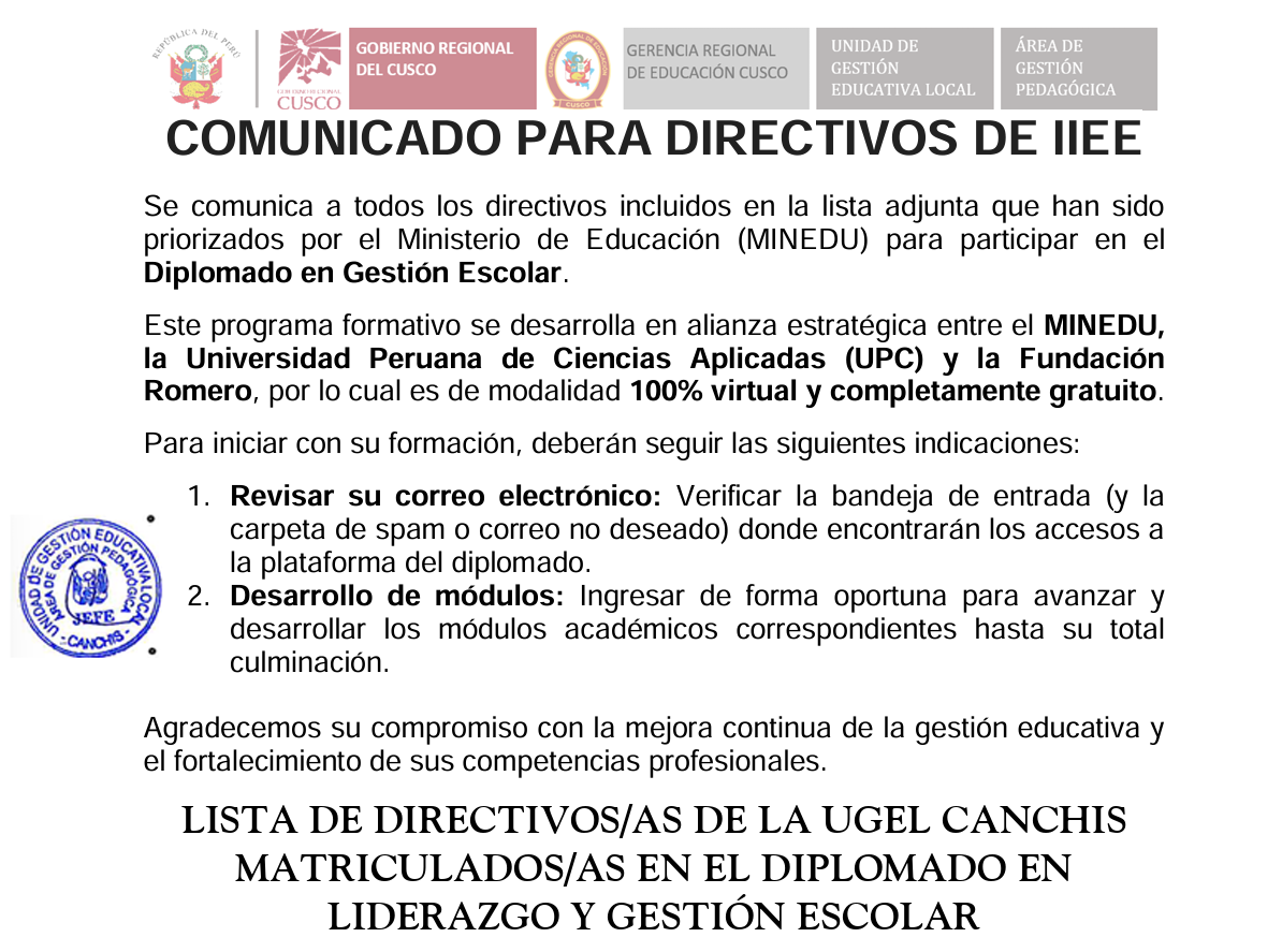 COMUNICADO PARA DIRECTIVOS DE IIEE - Diplomado en Gestión Escolar.