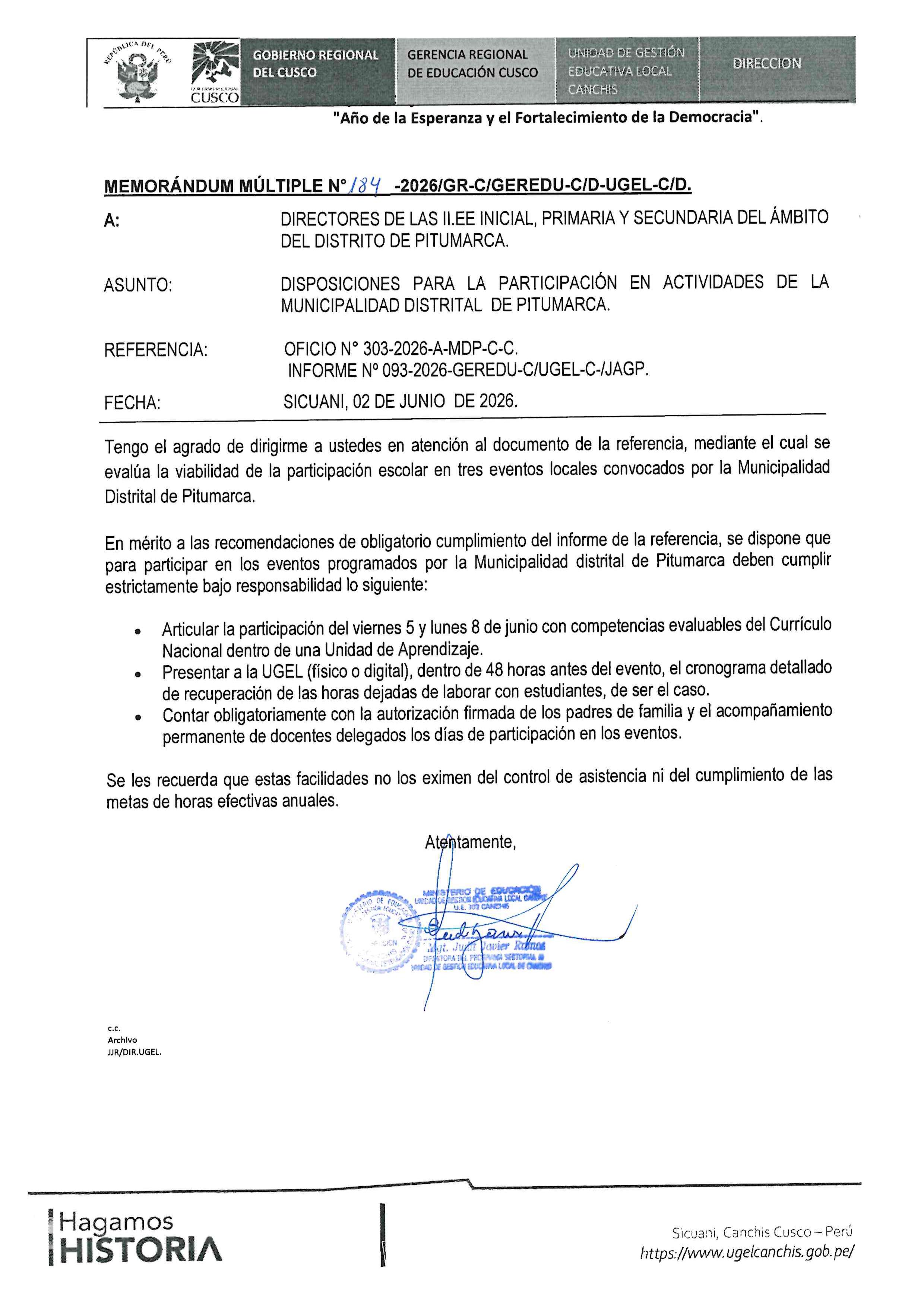 DISPOSICIONES PARA LA PARTICIPACIÓN EN ACTIVIDADES DE LA MUNICIPALIDAD DiSTRITAL DE PITUMARCA.