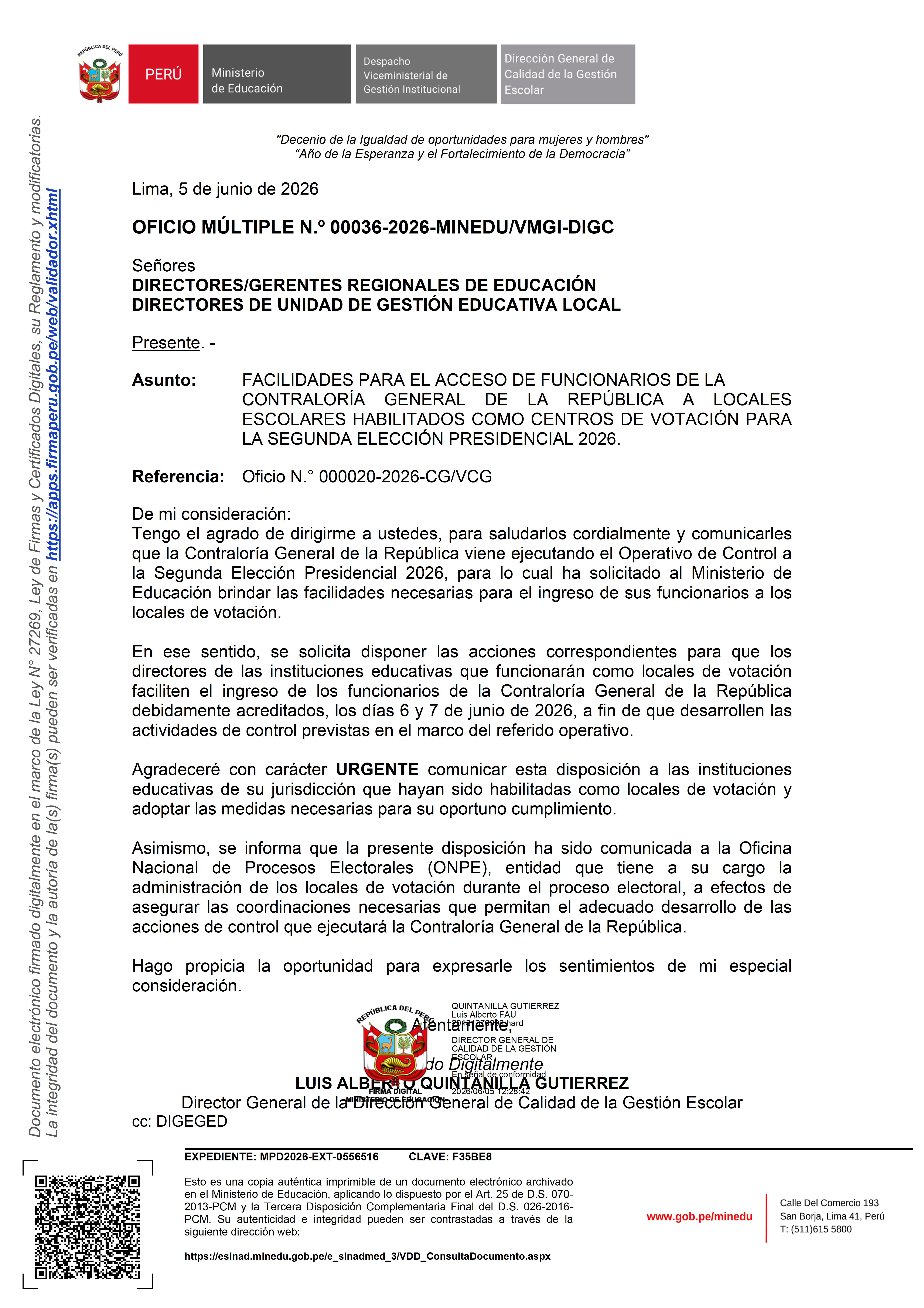 FACILIDADES PARA EL ACCESO DE FUNCIONARIOS DE LA CONTRALORÍA GENERAL DE LA REPÚBLICA A LOCALES ESCOLARES HABILITADOS COMO CENTROS DE VOTACIÓN PARA LA SEGUNDA ELECCIÓN PRESIDENCIAL 2026.