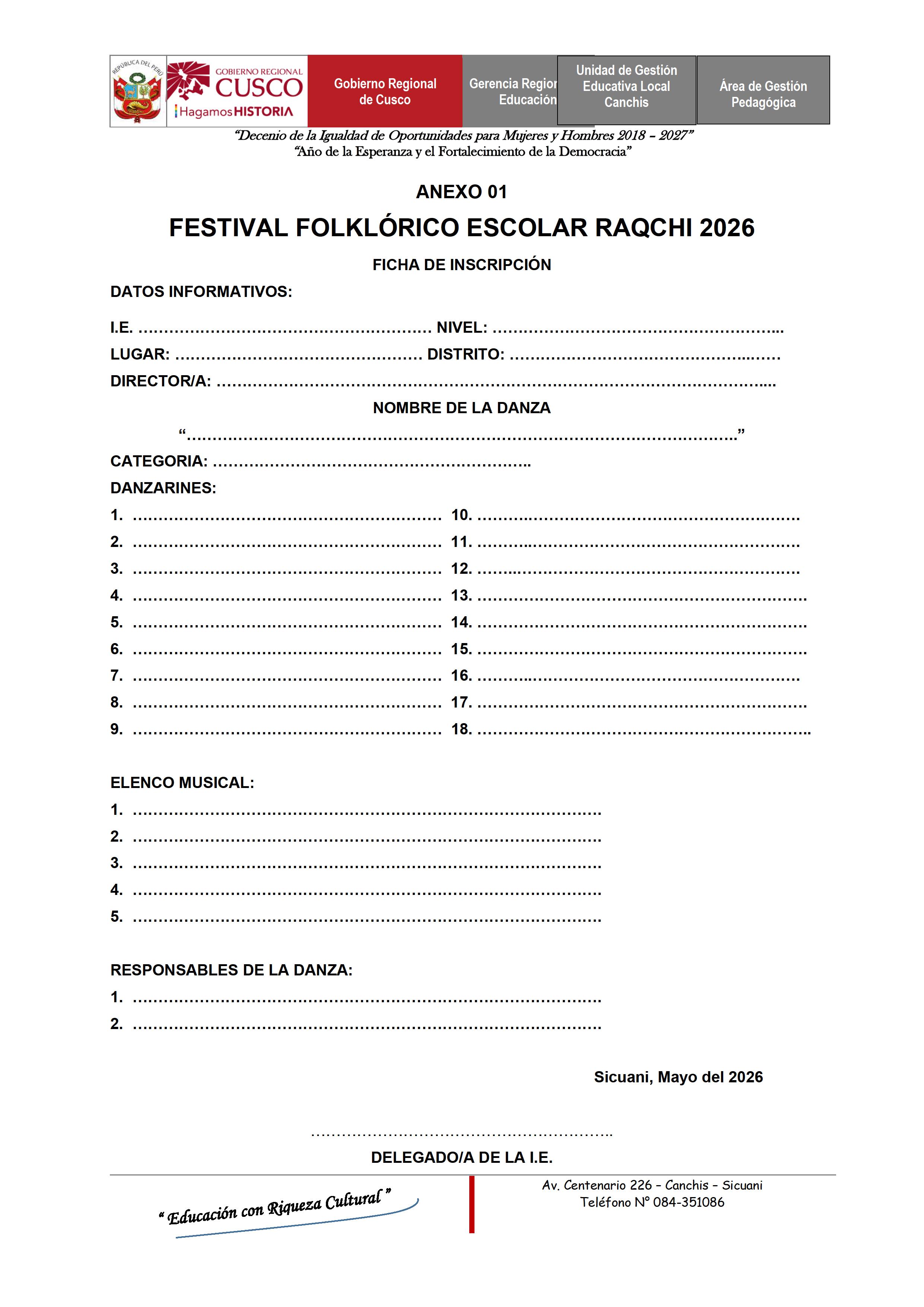 Festival FOLKLÓRICO ESCOLAR RAQCHI 2026