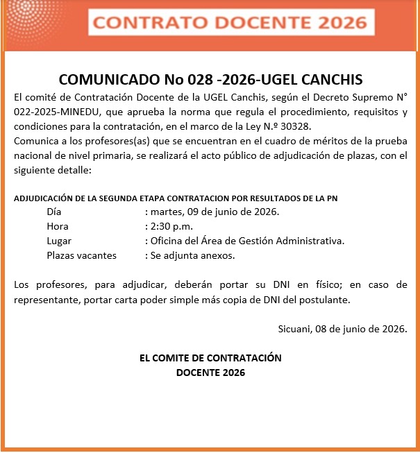 Comunicado N° 028 -2026-UGEL CANCHIS - Contratación Docente de la UGEL Canchis