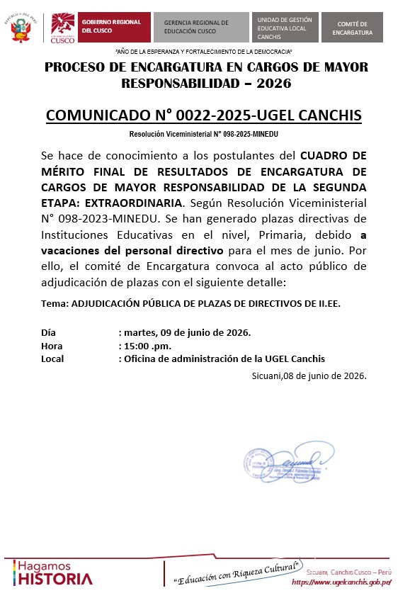 Comunicado N° 0022-2025-UGEL CANCHIS - PROCESO DE ENCARGATURA EN CARGOS DE MAYOR RESPONSABILIDAD