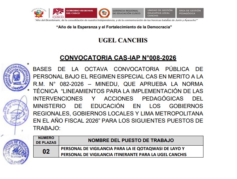 Convocatoria CAS-IAP N° 0008-2026 INTERVENCIONES Y ACCIONES PEDAGÓGICAS