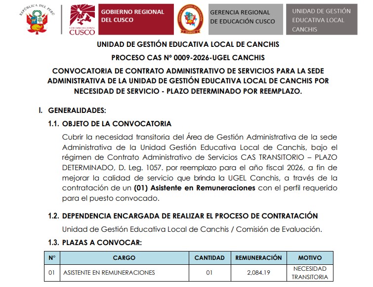 Proceso CAS Nº 0009-2026-UGEL CANCHIS CONVOCATORIA DE CONTRATO ADMINISTRATIVO DE SERVICIOS PARA LA SEDE ADMINISTRATIVA DE LA UNIDAD DE GESTIÓN EDUCATIVA LOCAL DE CANCHIS