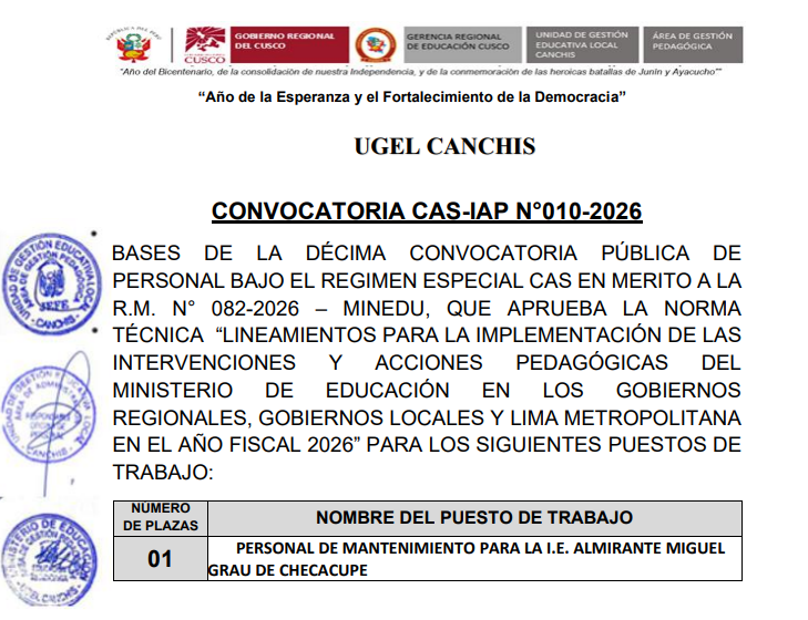 Convocatoria CAS-IAP N°010-2026 INTERVENCIONES Y ACCIONES PEDAGÓGICAS