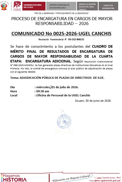 Proceso de ENCARGATURA EN CARGOS DE MAYOR RESPONSABILIDAD - 2026 COMUNICADO N° 0025-2026-UGEL CANCHIS