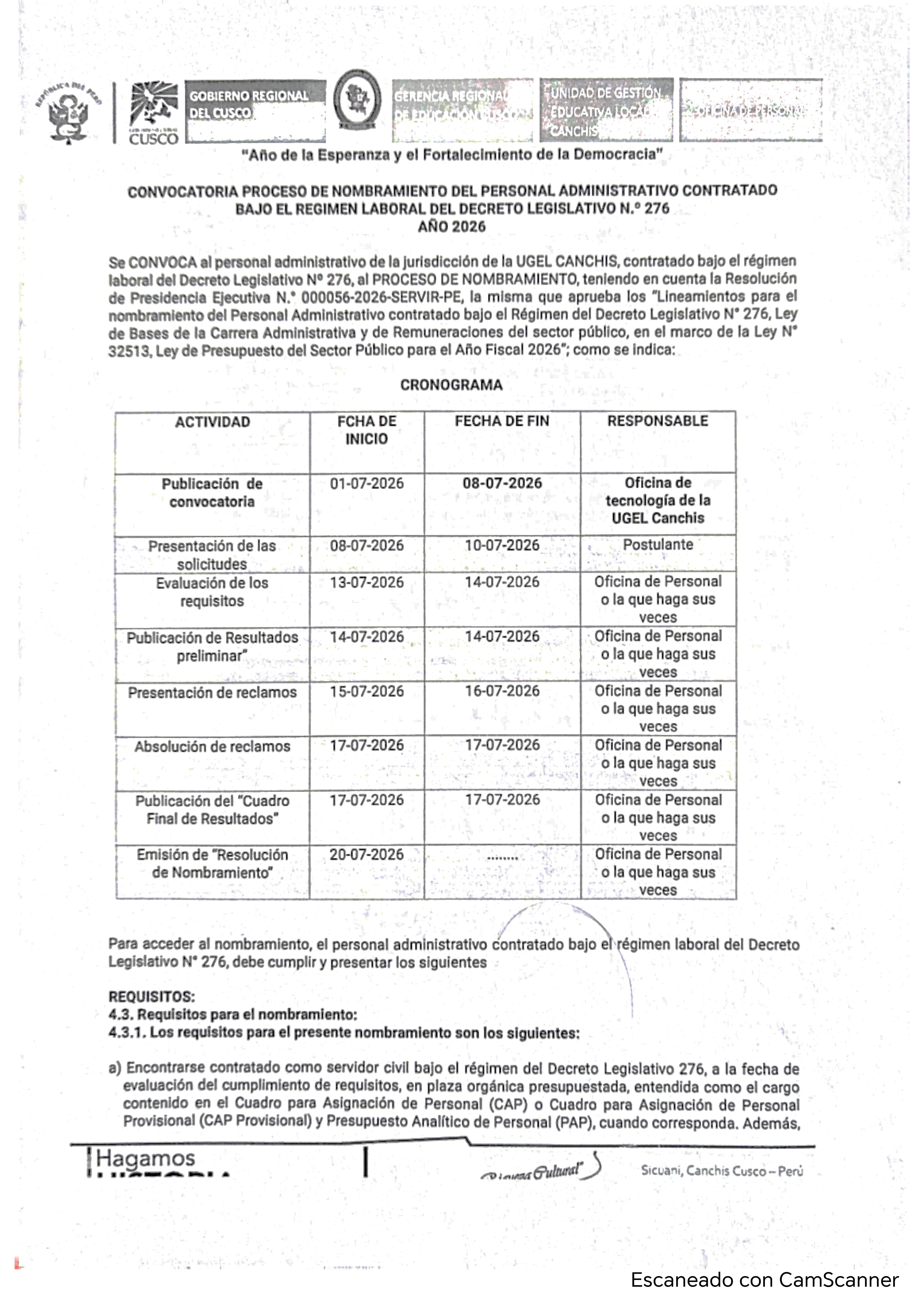Convocatoria PROCESO DE NOMBRAMIENTO DEL PERSONAL ADMINISTRATIVO CONTRATADO BAJO EL REGIMEN LABORAL DEL DECRETO LEGISLATIVO N.' 276 AÑO 2026