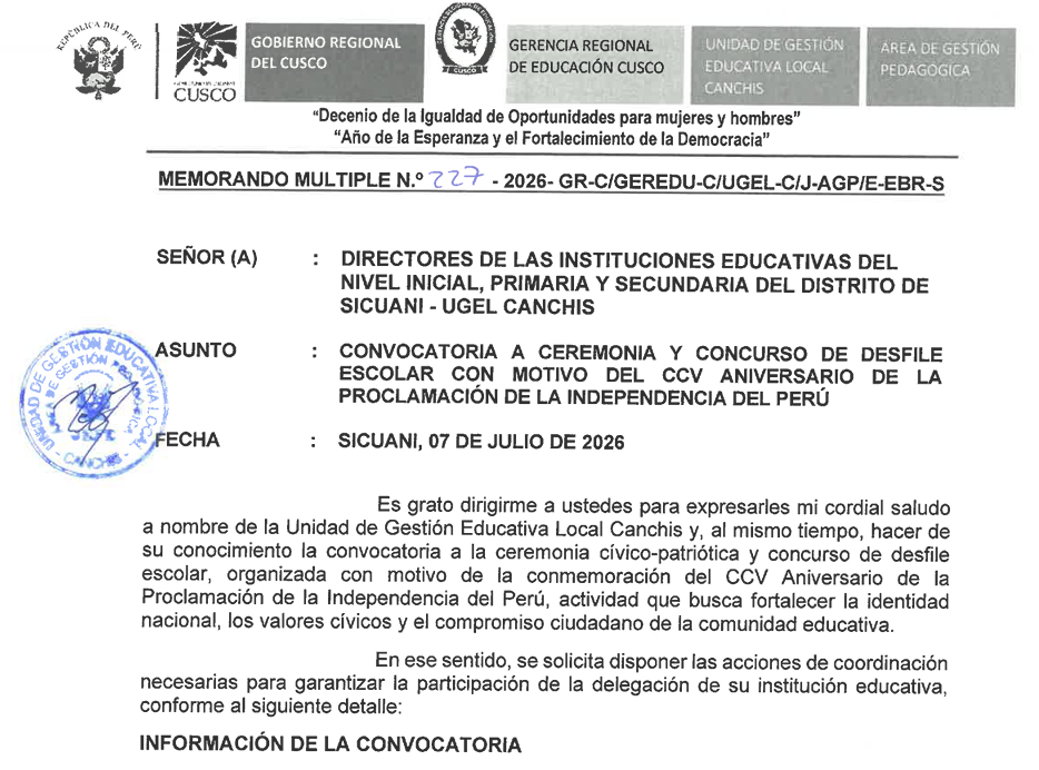 CONVOCATORIA A SOCIALIZACIÓN DE BASES DE LOS CONCURSOS DE DESFILE ESCOLAR CON MOTIVO DEL CCV ANIVERSARIO DE LA PROCLAMACIÓN DE LA INDEPENDENCiA DEL PERÚ