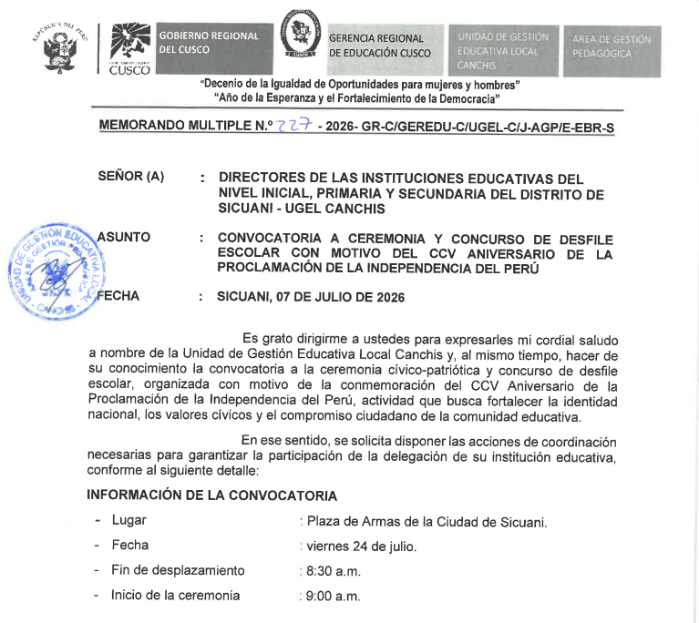 Convocatoria - CEREMONIA Y CONCURSO DE DESFILE ESCOLAR CON MOTIVO DEL CCV ANIVERSARIO DE LA PROCLAMACIÓN DE LA INDEPENDENCIA DEL PERÚ