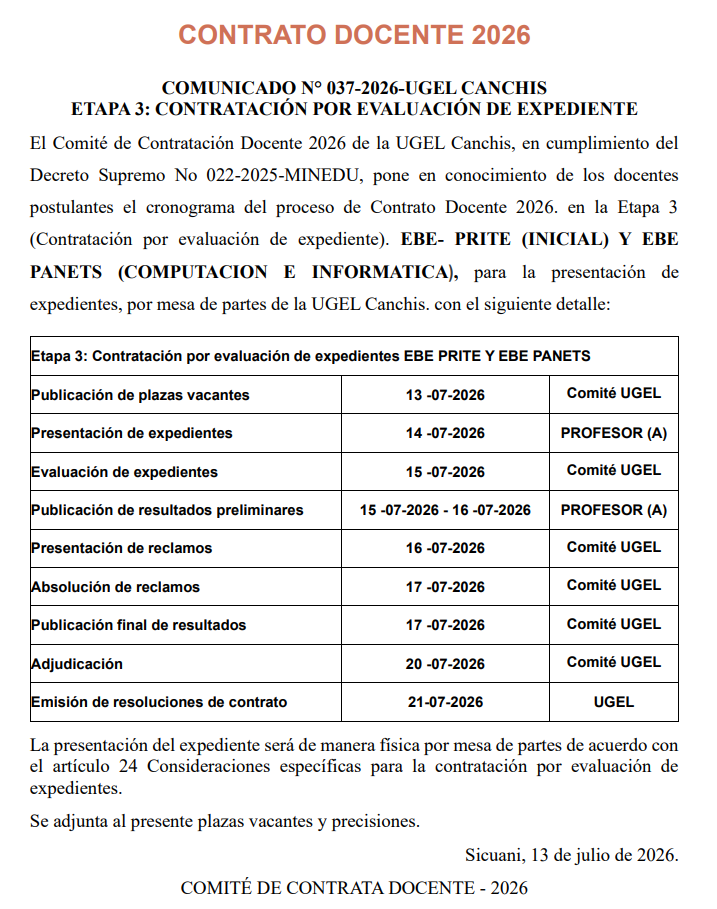 Comunicado N° 037-2026-UGEL CANCHIS ETAPA 3: CONTRATACIÓN POR EVALUACIÓN DE EXPEDIENTE