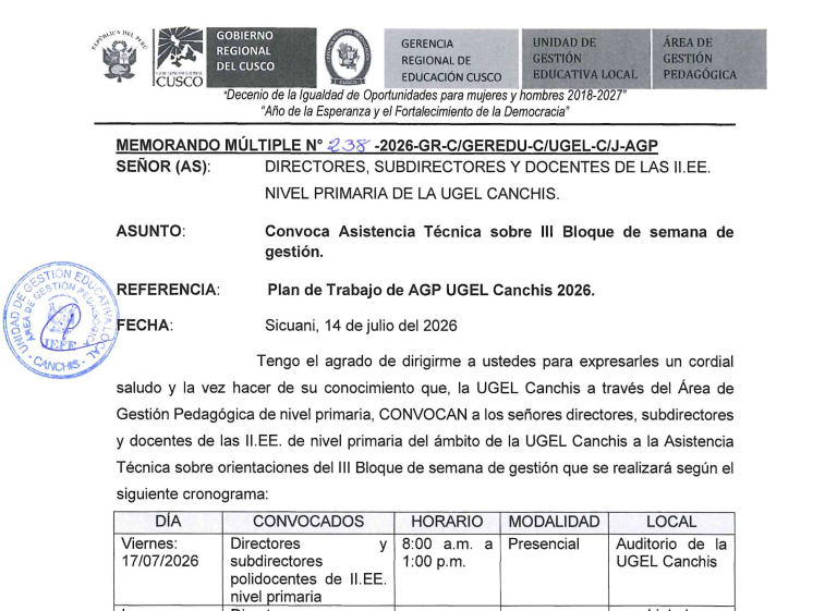 Convoca Asistencia Técnica sobre III Bloque de semana de gestión.