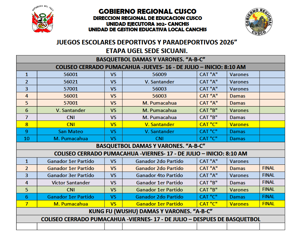 JUEGOS ESCOLARES DEPORTIVOS Y PARADEPORTIVOS 2026” Etapa UGEL SEDE SICUANI.