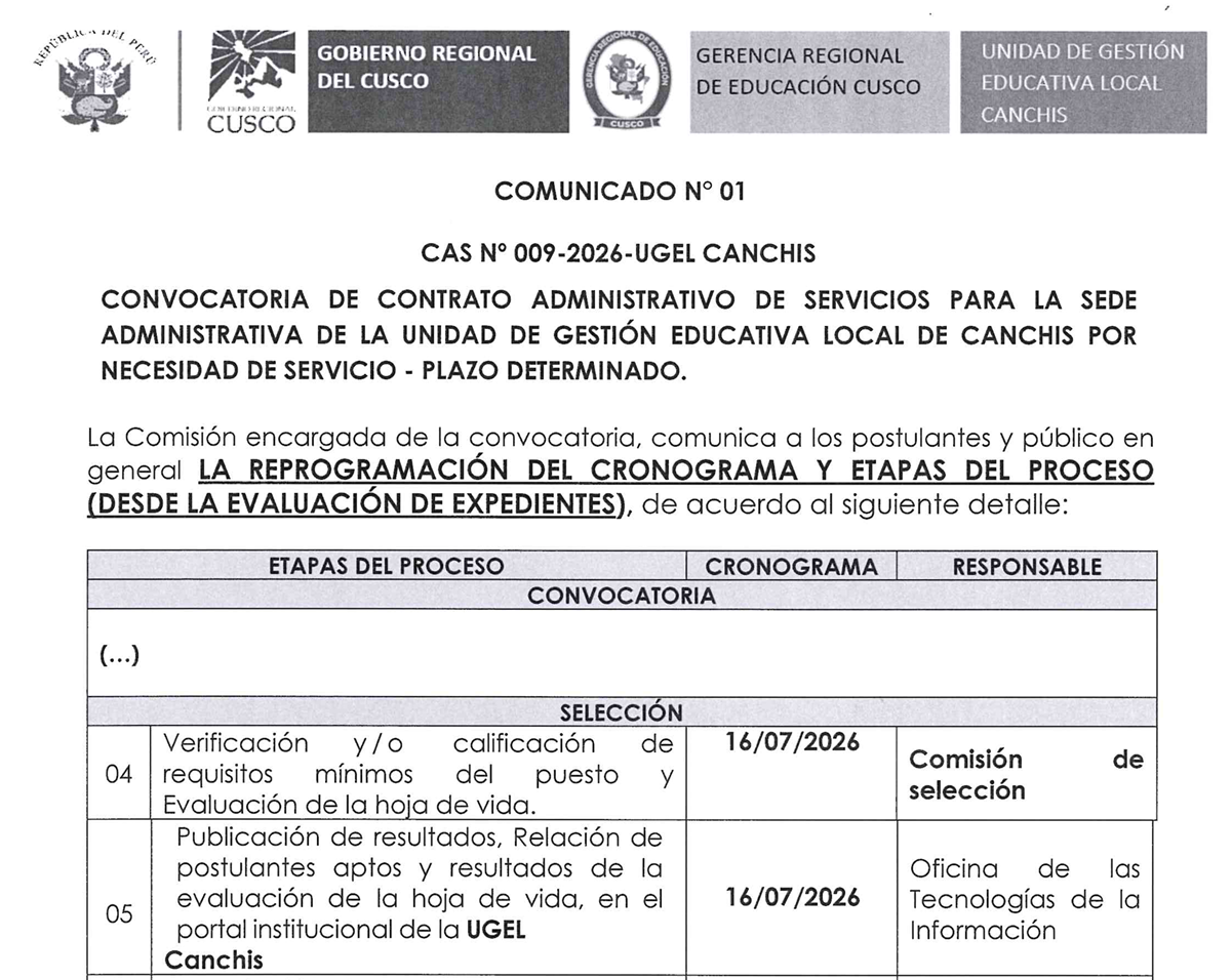Comunicado N° 01 CAS NO 009-2026-UGEL CANCHIS