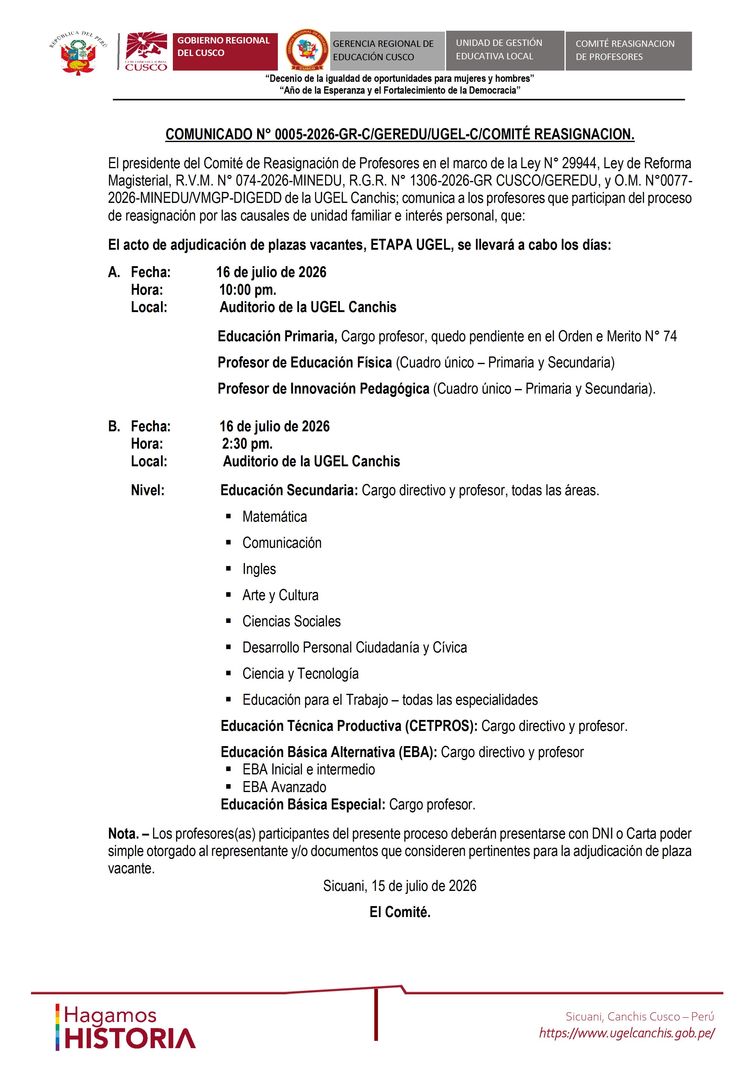 COMUNICADO N° 0005-2026-GR-C/GEREDU/UGEL-C/COMITÉ REASIGNACION. Reasignación de Profesores