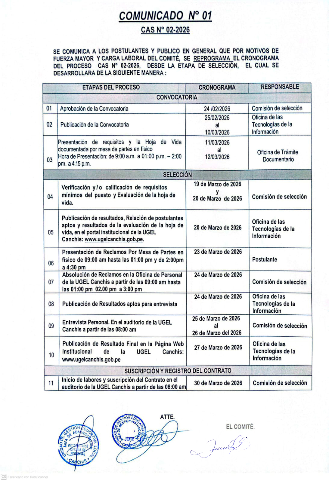 Comunicado N°01 CAS N° 02-2026