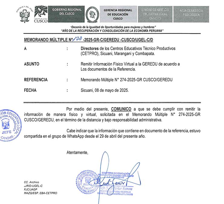 Remitir Información Físico Virtual a la GEREDU de acuerdo a Los documentos de la Referencia.